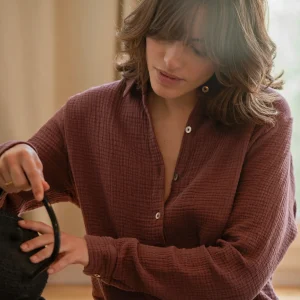Chemise de pyjama femme en gaze de coton bio Daphné – Bordeaux