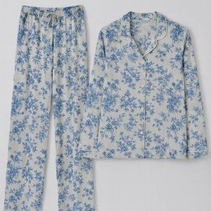 Pyjama chemise AMIRAL – toile de jouy – BLEU