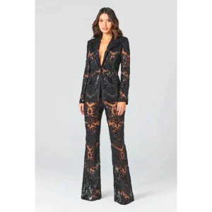 Ensemble Tailleur 2 Pièces | Blazer Pantalon Dentelle Transparente | Soirée Glamour Scintillante