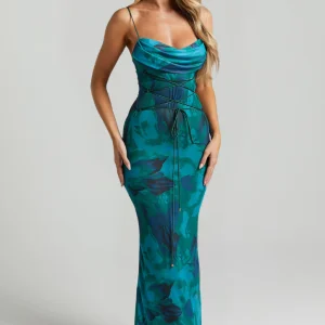 Robe Longue Imprimée | Décolleté Drapé Élégant | Tissu Fluide Léger | Idéale pour Été ou Soirée Bord de Mer