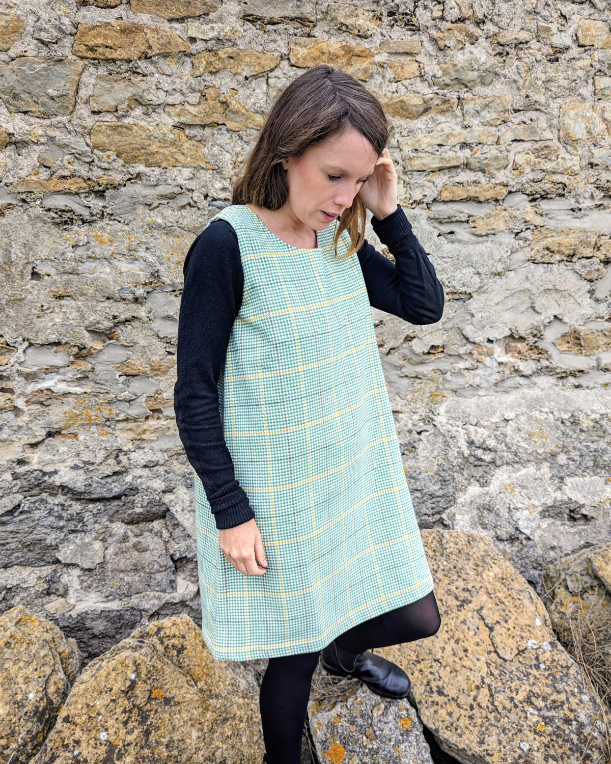 !! NEW !! WOMEN AUTOMNE-HIVER : La robe chasuble London prince-de-galles vert et jaune – Image 5