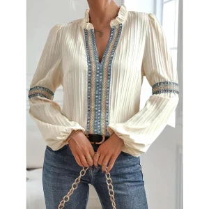 Blouse Femme Col V Décontractée | Manches Longues, Détails Sophistiqués | Confort Chic