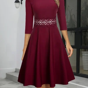 Robe Femme Cérémonie | Coupe Patineuse, Dentelle à la Taille | Manches 3/4 Élégante