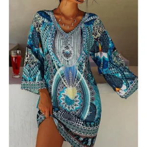 Tunique Robe Femme Imprimé Mandala | Col V, Manches 3/4 Amples | Style Bohème Chic