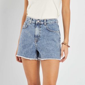 Short en jean destroy à taille haute Bleu