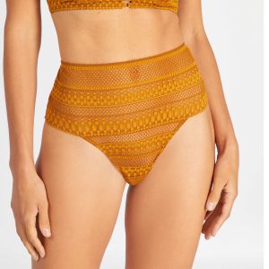 Tanga en dentelle taille haute Jaune moutarde