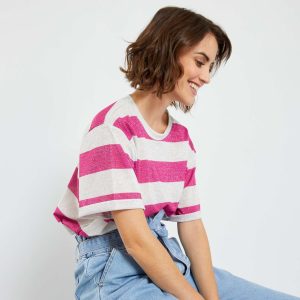 Tee-shirt à larges rayures pailletées Rose/gris