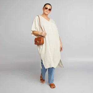 Blouse extra longue à manches courtes Beige