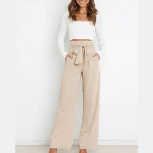 Pantalon Large Taille Haute Ceinturé Élégant Femme Amance