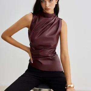 Top Sans Manches | Similicuir | Effet Drapé | Idéal pour soirées élégantes