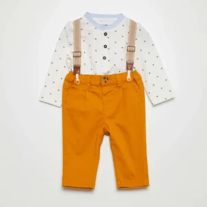 Ensemble body + pantalon slim à bretelles - 2 pièces Blanc/jaune moutarde