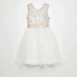 Robe évasée à sequins et tulle Blanc/doré