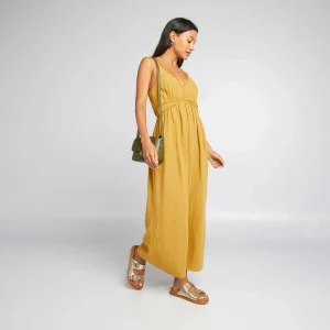 Robe longue en gaze de coton jaune