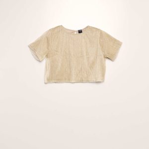 Top à manches courtes plissé avec lurex Ecru