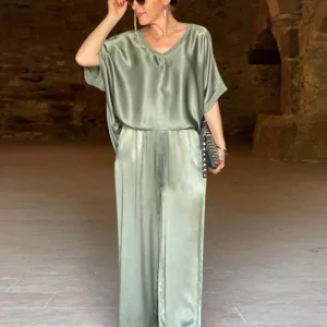 Ensemble 2 Pièces Satiné Fluide | Haut Ample Col V | Pantalon Large Élégant