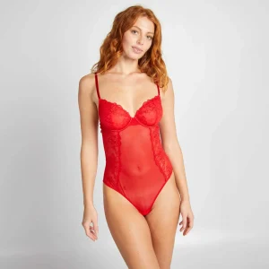 Body en mesh brodé ROUGE