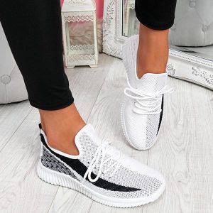 Baskets Sport Femme Blanc Noir Légères Confortables Marche