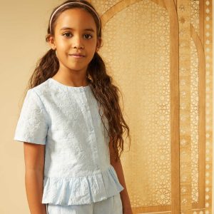 Blouse en gaze de coton avec plumetis BLEU