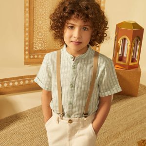 Chemise rayé manches courtes col mao BLANC