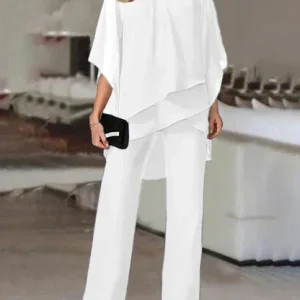 Ensemble Soirée 2 Pièces | Haut Asymétrique Volanté | Pantalon Large Élégant Cérémonie
