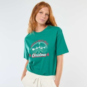 T-shirt en jersey 'Noël' imprimé à manches courte VERT