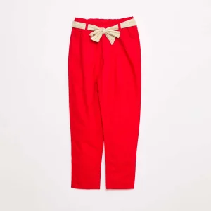 Pantalon uni en voile de coton avec ceinture ROUGE