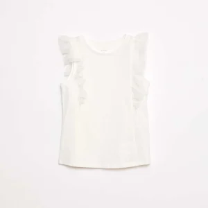 T-shirt coton avec manches volants en tulle BLANC