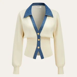 Gilet Cardigan en Maille Déstructurée à Col Denim pour Femme | Style Chic et Décontracté