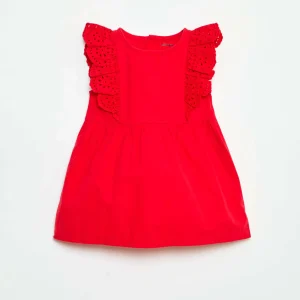 Robe sans manche légère broderie anglaise en coton ROUGE