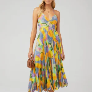 Robe Maxi Plissée Femme - Imprimé Coloré Vibrant & Bretelles Ajustables