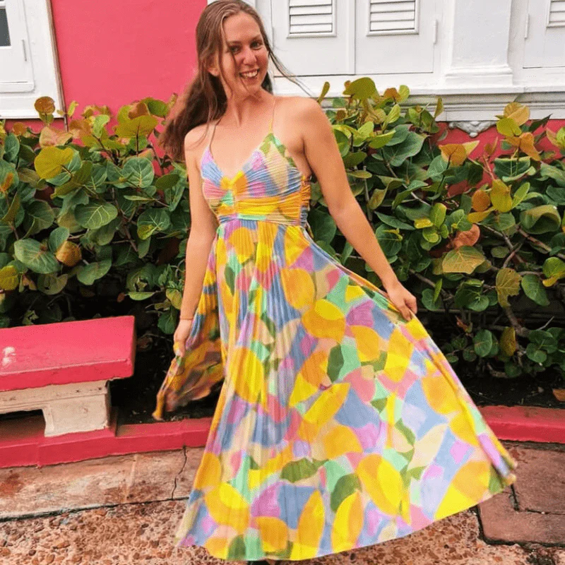 Robe Maxi Plissée Femme - Imprimé Coloré Vibrant & Bretelles Ajustables – Image 7