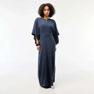 Robe longue crêpée avec bijou doré BLEU MARINE