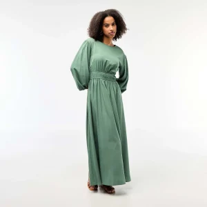 Robe longue satinée manches ballon VERT