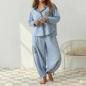 Ensemble Pyjama Loungewear | Chemise Rayée Coton | Pantalon Détails Carreaux Confort