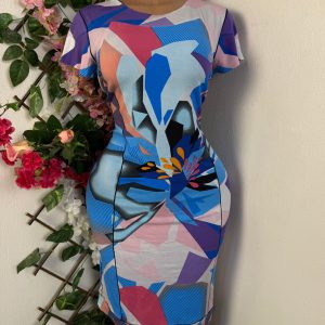 Robe moulante drapé manches courtes (multicolore, s)