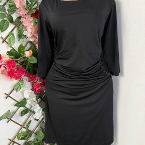 Robe moulante manches 3/4 plisée colle ronde (noir, xl)