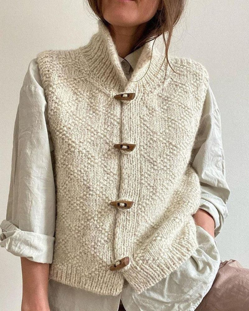 Gilet Tricot Femme Beige Boutons Bois - Style Bohème Chaleureux