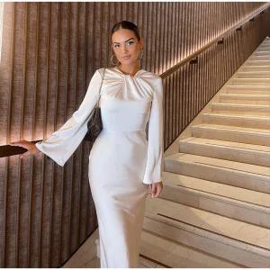 Robe Midi Satinée | Encolure Carrée Bretelles Larges | Coupe A-Ligne Cérémonie