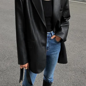 Blazer Oversize en Faux Cuir pour Femme | Style Rock Chic & Allure Puissante