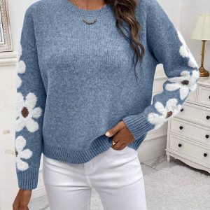 Pull Maille Bleu Fleurs Femme - Confort Élégant Automne