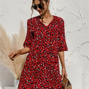 Robe Courte à Imprimé Félin | Manches Trompette et Col à Liens | Idéale pour un style audacieux