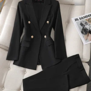 Ensemble Tailleur Noir 2 Pièces | Blazer Double Boutonnage Doré | Pantalon Droit Élégant