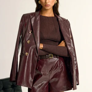 Blazer Femme en Similicuir Bordeaux | Boutons Dorés & Coupe Double-Boutonnage