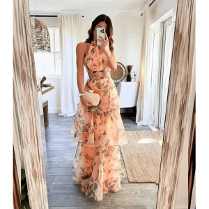 Robe Longue Volants Femme - Élégant Imprimé Floral & Coupe Flattering