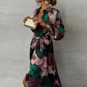 Robe Chemise Maxi Femme | Imprimé Floral, Ceinture, Col Classique | Style Sophistiqué