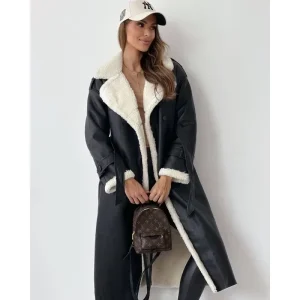 Manteau Long Similicuir Sherpa Femme - Chaud & Élégant Hiver