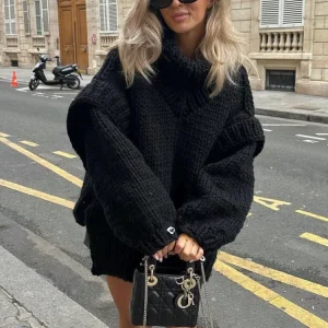 Pull Grosse Maille Oversize | Col Montant Chaud | Idéal pour Hiver et Looks Urbains Confortables