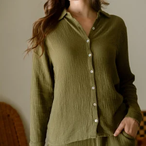 Chemise de pyjama femme en gaze de coton bio Daphné – Kaki