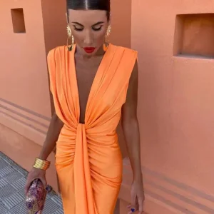 Robe de Soirée Fourreau Plissée | Manches Épaules Profonde Encolure | Fente Glamour