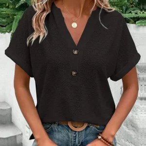 Blouse Manches Courtes Col V | Patte Boutonnage Tissu Ajoure Broderie | Coupe Décontractée